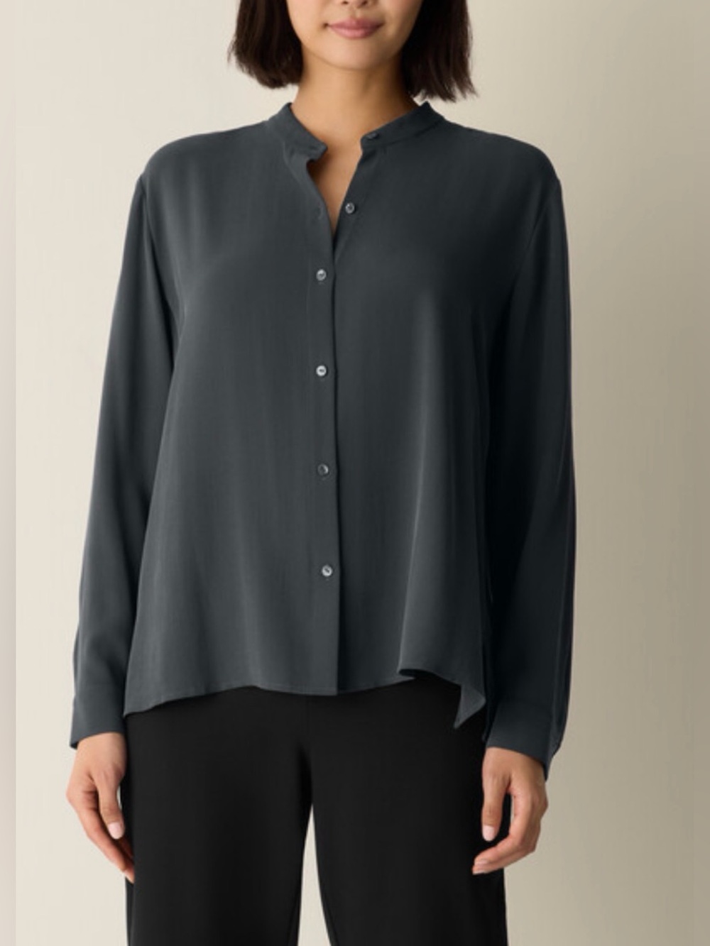 Eileen Fisher 100% Silk Black Long-Sleeve Band Collar Button-Front Shirt. S/P